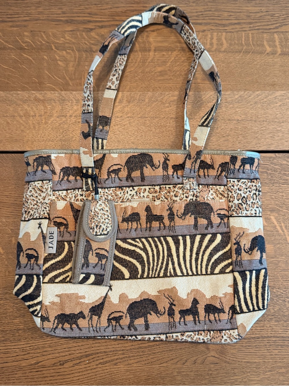 Vintage 90s Safari Tapestry Zippered Purse Tote Bag